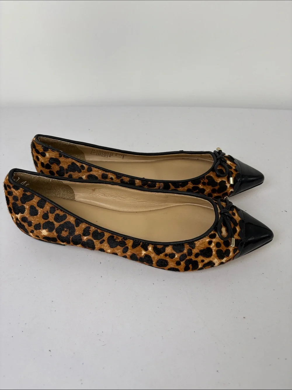 👞 Lands' End fur leather Leopard Print Pointed Toe Flats with Black Patent Cap
